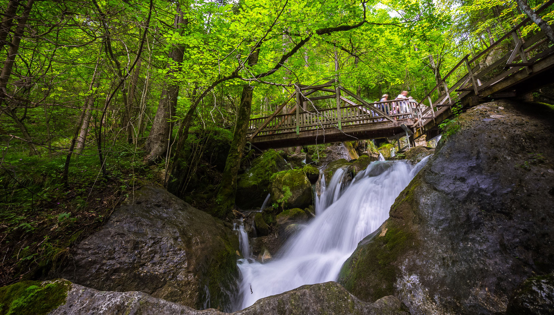 Foto Myrafälle, Wasserfall mit Steg